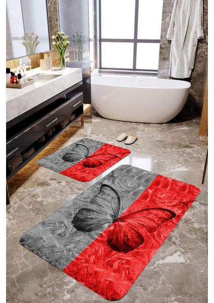 Gri Kırmızı Kelebek 2'li Banyo Paspas Takımı MKTBP-0122 60X100/50X60
