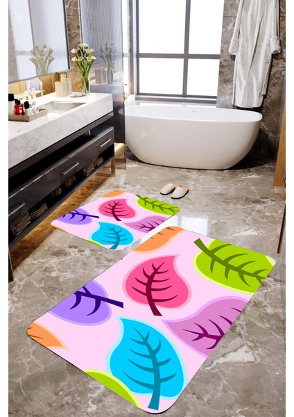 Renkli Yaprak 2'li Banyo Paspas Takımı MKTBP-089 60X100/50X60