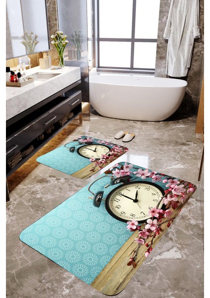 Saat ve Çiçek 2'li Banyo Paspas Takımı MKTBP-085 60X100/50X60