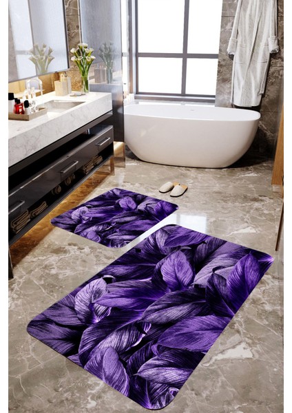 Mor Gül Yapraklı 2'li Banyo Paspas Takımı MKTBP-092 60X100/50X60