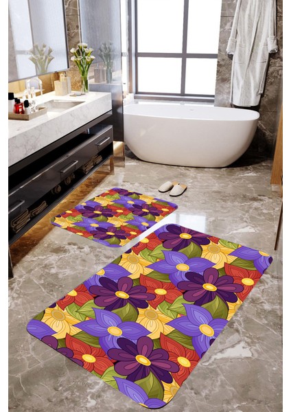 Renkli Çiçek 2'li Banyo Paspas Takımı MKTBP-096 60X100/50X60