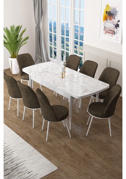 Concept Zen Serisi Mdf Açılabilir Mutfak Masası Takımı ,beyaz Mermer Desen Masa + 8 Adet Sandalye