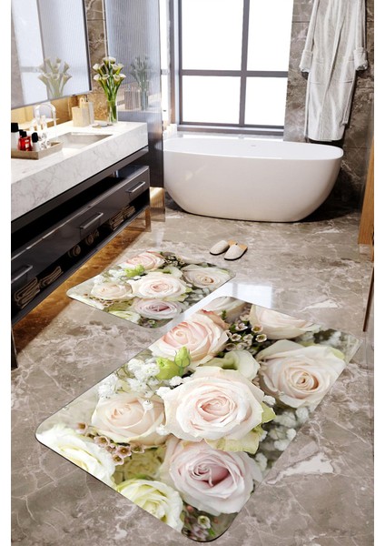 2'li MKTBP-075 Beyaz Gül Desenli 60 x 100 cm - 50 x 60 cm Banyo Paspas Takımı