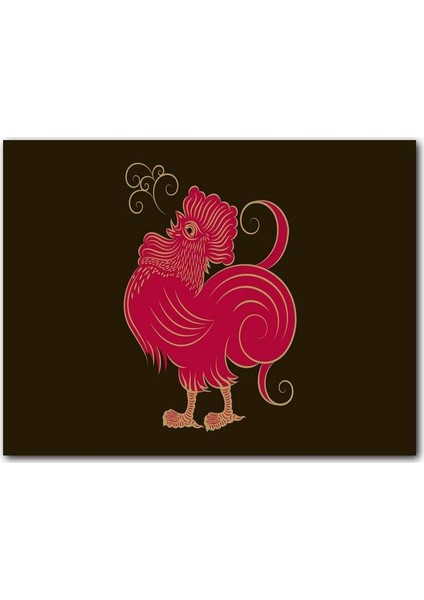 Cakatablo Ahşap Tablo Siyah Arkaplan Kırmızı Horoz İllüstrasyon