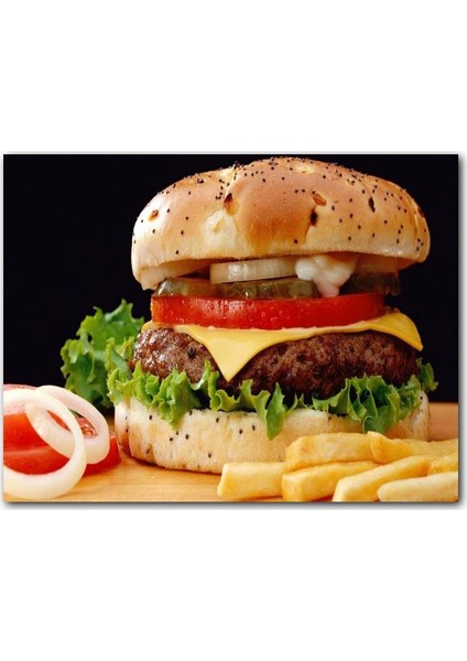 Cakatablo Ahşap Tablo Yakın Çekim Burger ve Patates Kızartması