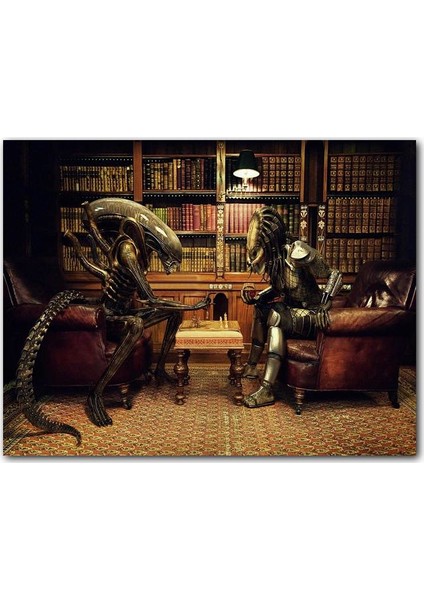 Cakatablo Ahşap Tablo Satranç Oynayan Alien ve Avcı