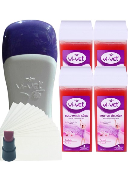 Roll-On Kartuş Sir Ağda Isıtıcı + 4^lü Pudralı Kartuş Ağda Seti 7 Parça