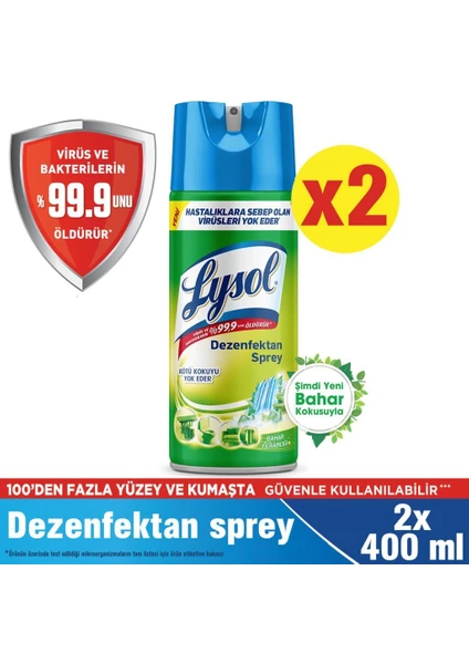 Dezenfektan Sprey Bahar Ferahlığı 2'li, Yüzeyler Için, 2 x 400 ml