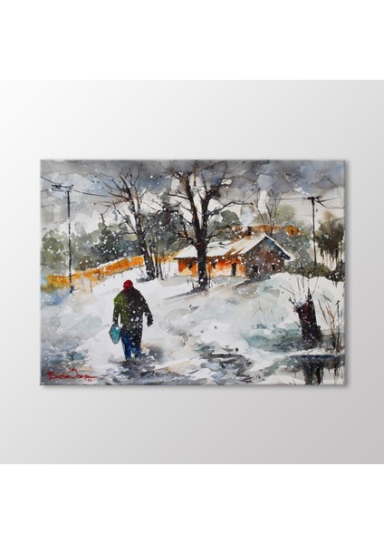 Suluboya Karlar Altındaki Ev Tablo