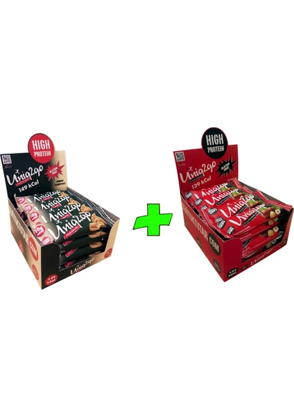 UNIQ2GO Crunchy Mıdı 40 G.- Fıstık Ezmeli Proteinli Bar 16'lı + UNIQ2GO Chocodark Mıdı 38 G. Fındıklı Protein Bar 16'lı (Toplam 32  li  Bar)