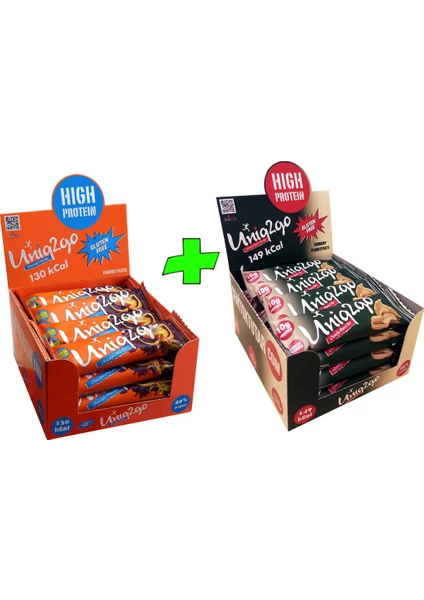 UNIQ2GO Choco Light Mıdı 40 G.- Portakallı 16'lı Kutu + UNIQ2GO Crunchy Mıdı 40 G.- Fıstık Ezmeli Proteinli Bar 16'lı Kutu (Toplam 32 li  Bar)