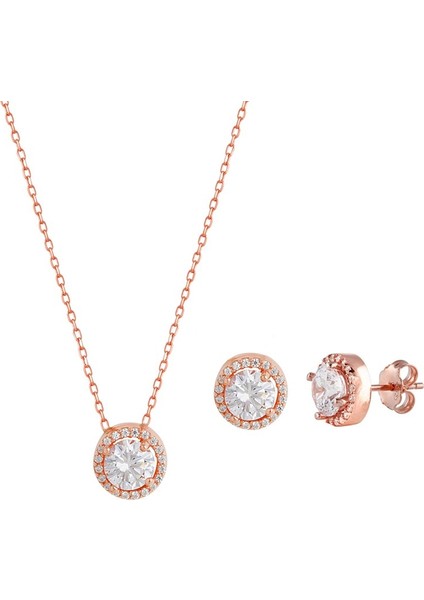 Pırlanta Modeli Rose Kolye Küpe Gümüş Set
