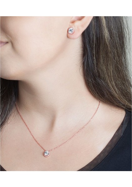 Pırlanta Modeli Rose Kolye Küpe Gümüş Set