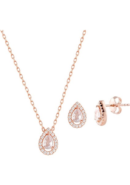 Damla Taşlı Rose Gold Kolye Küpe Gümüş Set