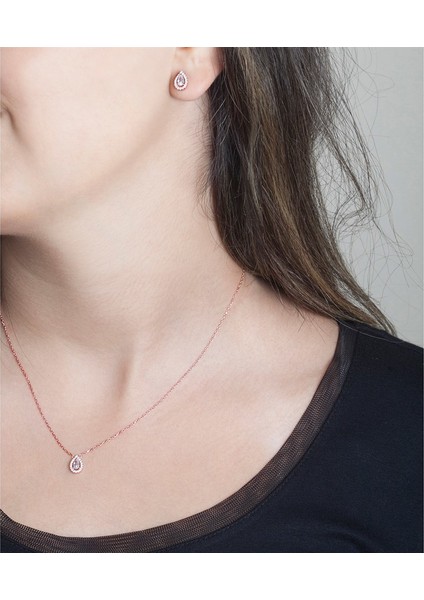 Damla Taşlı Rose Gold Kolye Küpe Gümüş Set fiyatları