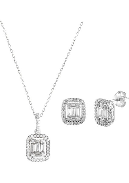 Baget Taşlı Kolye Küpe Gümüş Set