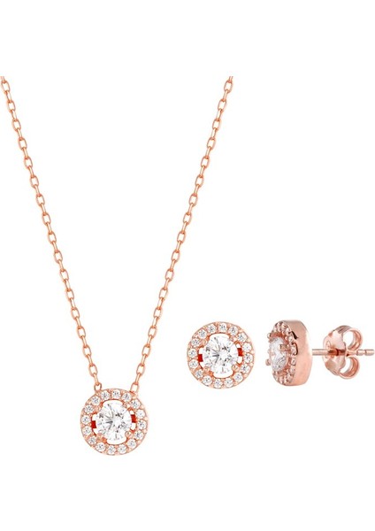 Yuvarlak Taşlı Rose Gold Kolye Küpe Gümüş Set