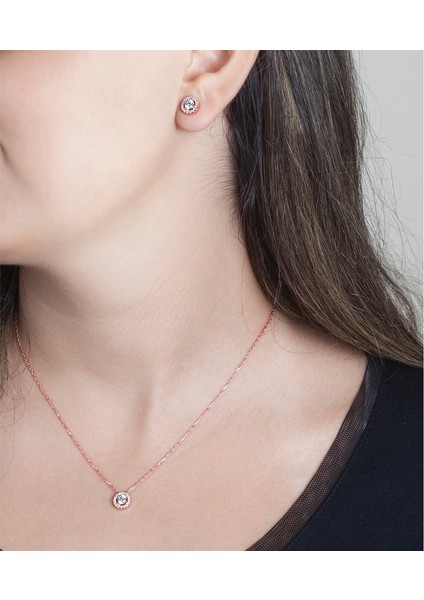 Yuvarlak Taşlı Rose Gold Kolye Küpe Gümüş Set
