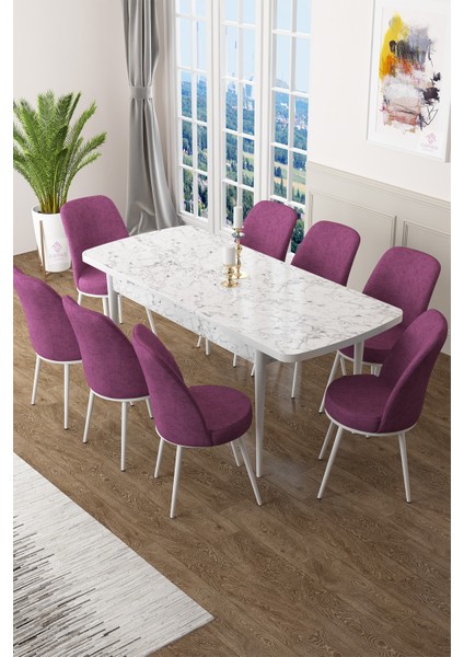 Concept Zen Serisi Mdf Açılabilir Mutfak Masası Takımı ,beyaz Mermer Desen Masa + 8 Adet Sandalye