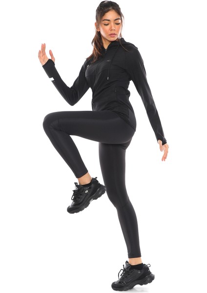 Kadın Siyah Içi Pamuklu Fermuarlı Kapüşonlu Spor Sweatshirt indirimleri