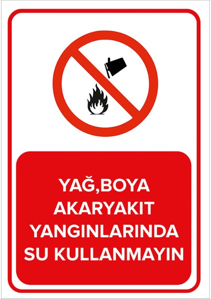 - Yağ Boya Akaryakıt Yangınlarında Su Kullanmayın Levhası - Sac Malzeme 25 x 35 cm