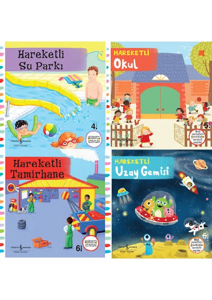 İş Bankası Hareketli Kitaplar 4 Lü Set (Su Parkı- Okul- Tamirhane- Uzay Gemisi