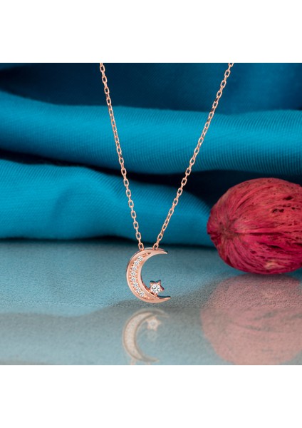Gümüş Kolye Taşlı Ay Yıldız Temalı Rose Kaplama Kadın Kolye