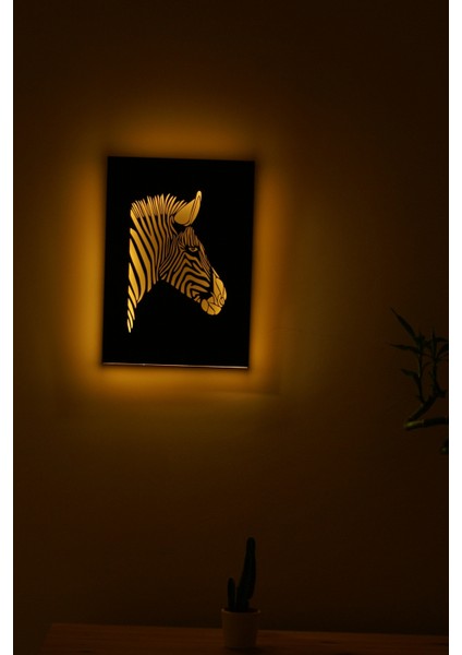 Zebra Işıklı 3 Boyutlu Lazer Kesim Siyah Beyaz Dekoratif Mdf Tablo