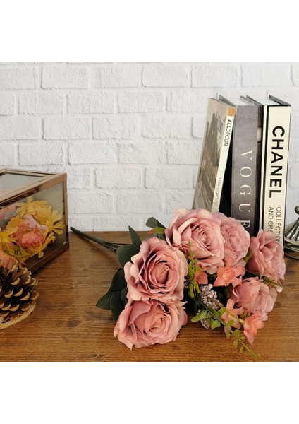 Yapay Çiçek Büyük Demet 6 Kafalı Gül Demeti ve Cipsolu Gül Kurusu modelleri