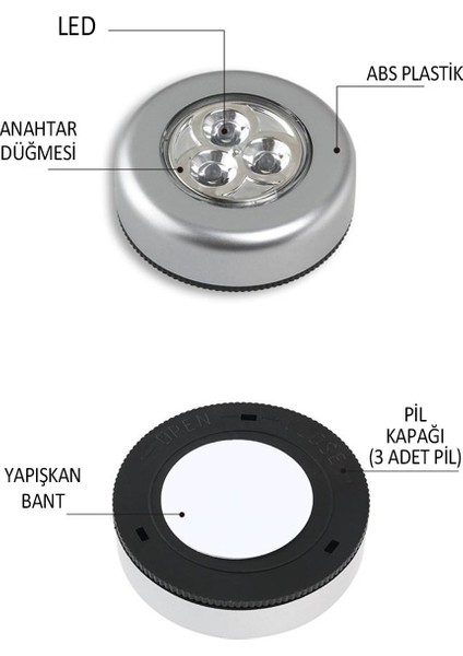 Kablosuz Spot Pilli Dokunmatik LED Lamba 3 Ledli Dolap Lambası