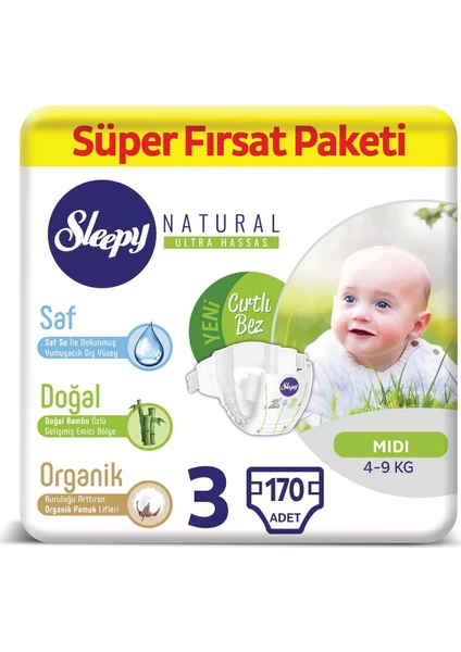 Natural Bebek Bezi 3 Numara Midi Süper Fırsat Paketi 4 - 9 kg 170 Adet