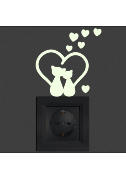 2 Adet Karanlıkta Parlayan Fosforlu Romantik Kediler Figürlü Işık Anahtar, Priz Dekoratif Sticker