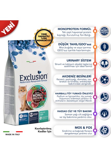 Düşük Tahıllı Monoprotein Ton Balıklı Kısırlaştırılmış Kedi Maması 1,5 kg