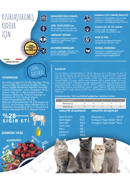 Düşük Tahıllı Monoprotein Sığır Etli Kısırlaştırılmış Kedi Maması 300 Grm fiyatları