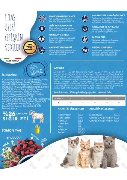 Düşük Tahıllı Monoprotein Sığır Etli Yetişkin Kedi Maması 1.5 kg