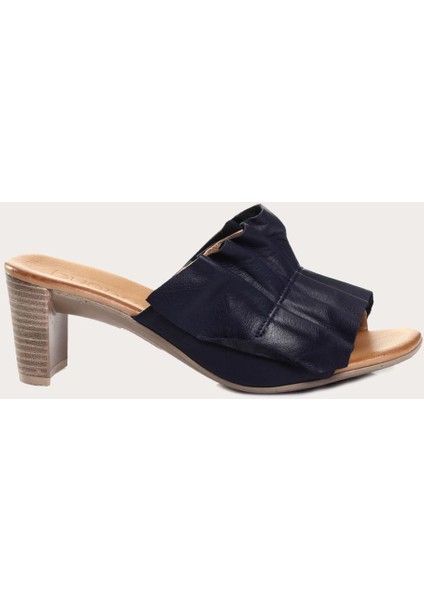 Deri Lacivert Kadın Topuklu Terlik