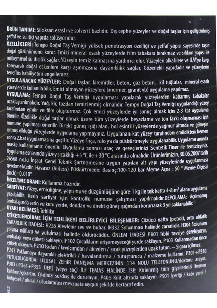 Tempo Doğal Taş Vernik Dış Cephe ve Taş Verniği Şeffaf Su Itici 0,75 Litre