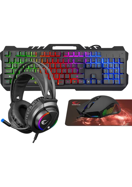 FITMENT KM-GX7 Gökkuşağı Aydınlatmalı Siyah USB Gaming Combo Mouse + Mousepad + Kulaklık Q Gaming Klavye +