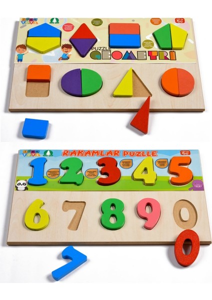 Ahşap Puzzle 2'si 1 Arada Set Geometri-Sayılar