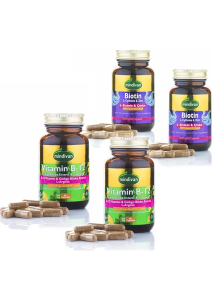 Vitamin B12 - Ginkgo Bloba Ekstresi - L Arginin ve Biotin - L Sistein - Çinko Kapsül Seti x 2 Adet