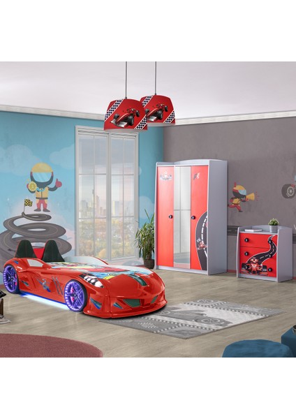 Formula Çocuk Odası Dolap Şifonyer Jaguar Koltuklu Full Ledli Kırmızı Arabalı Yatak