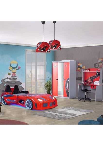 Formula Çocuk Odası Dolap Masa Audi Koltuklu Full Ledli Kırmızı Arabalı Yatak