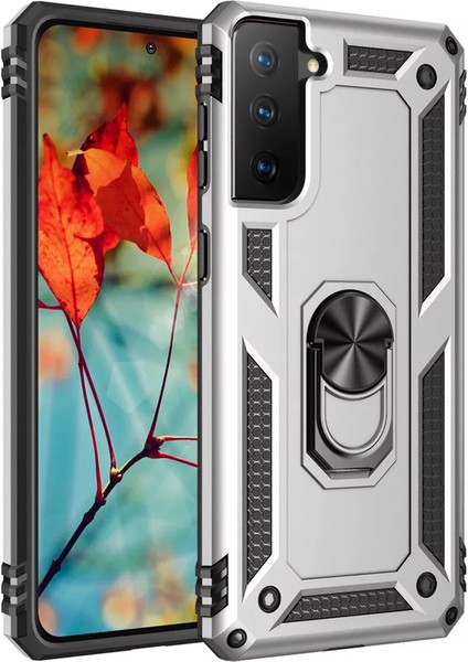 Samsung Galaxy S21 5g Kılıf Tank Koruma Vega Standlı Yüzüklü Mıknatıslı Gümüş