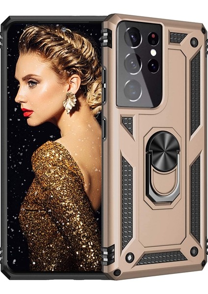 Samsung Galaxy S21 Ultra 5g Kılıf Vega Standlı Yüzüklü Mıknatıslı+Full Ekran Koruyucu Gold