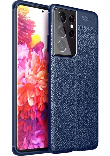 Casestreet Samsung Galaxy S21 Ultra 5g Kılıf Niss Deri Görünümlü Silikon+Full Ekran Koruyucu Lacivert