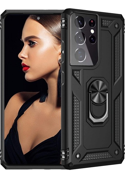 Casestreet Samsung Galaxy S21 Ultra 5g Kılıf Vega Standlı Yüzüklü Mıknatıslı+Full Ekran Koruyucu Siyah