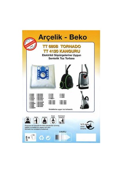 Arçelik&Beko TT680 - TT4120 Tornado Kanguru Uyumlu Süpürge Torbası - 20 Adet