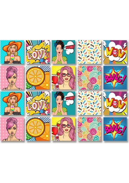Kendinden Yapışkanlı Karma Popart Desenli Pvc Karo 10X10 cm 20'li Paket