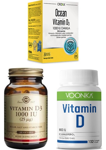 D3 Vitamini 1000 Iu 100 Kapsül+Ocean D3 Vitamini 1000 Iu Damla 50 Ml+Voonka D Vitamini 102 Kapsül
