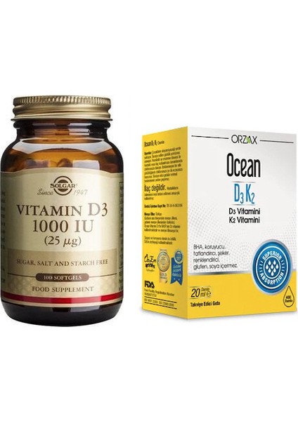 D3 Vitamini 1000 Iu 100 Kapsül + Ocean D3 K2 Vitamini Damla 20 ml